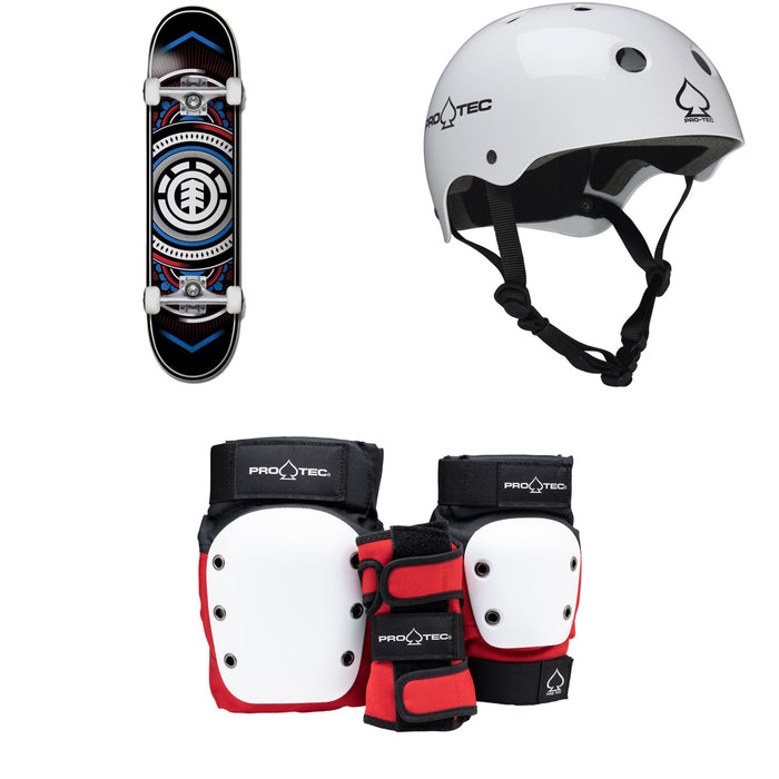 Element Hatched Red Blue 7.75 Skateboard Complete + Pro-Tec Classic Skate Skateboard Helmet + Street Gear Junior Open Back Skateboard Pads