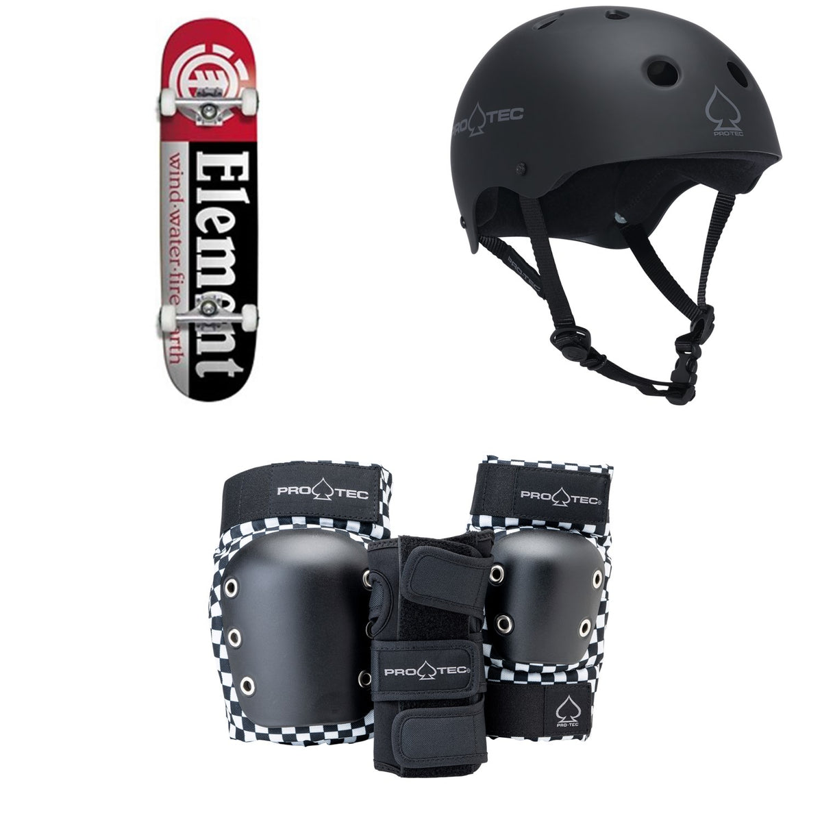 Element Section 7.75 Skateboard Complete + Pro-Tec The Classic Certified EPS Skateboard Helmet + Street Gear Junior Open Back Skateboard Pads