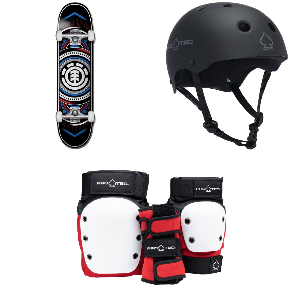 Element Hatched Red Blue 7.75 Skateboard Complete + Pro-Tec The Classic Certified EPS Skateboard Helmet + Street Gear Junior Open Back Skateboard Pads