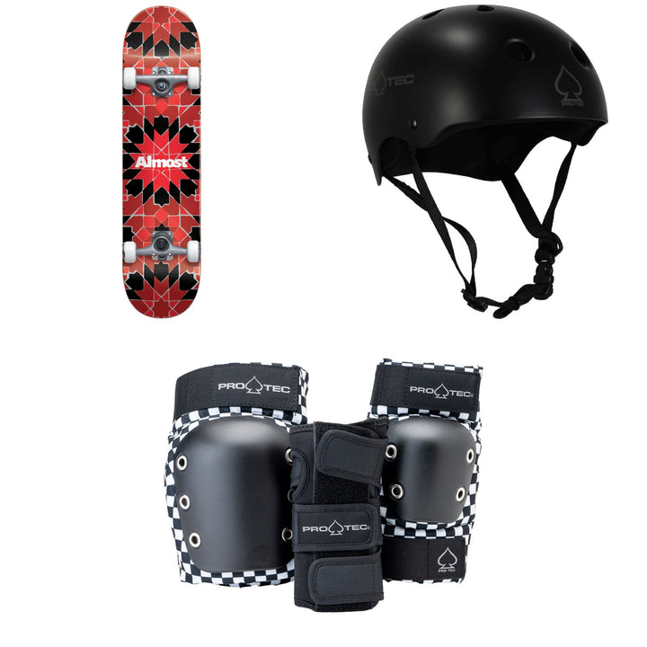Almost Tile Pattern FP 7.75 Skateboard Complete + Pro-Tec Classic Skate Skateboard Helmet + Street Gear Junior Open Back Skateboard Pads