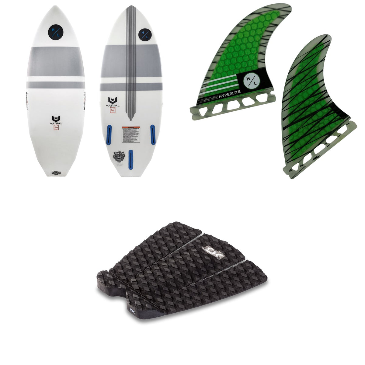 Hyperlite Trifecta Wakesurf Board 2021 + 4.5 Riot Carbon Surf Fin Set + Dakine Andy Irons Pro Traction Pad