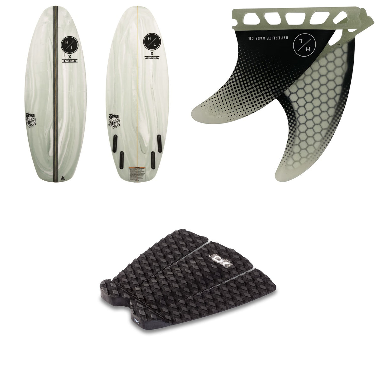 Hyperlite x Superbrand Ocka Wakesurf Board 2021 + 3.5'' Flux Surf Fin Set + Dakine Andy Irons Pro Traction Pad