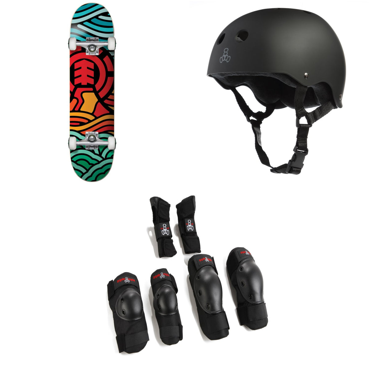 Element Volcanic 7.75 Skateboard Complete + Triple 8 Sweatsaver Liner Skateboard Helmet + Saver Series High Impact 3 Pack Skateboard Pad Set