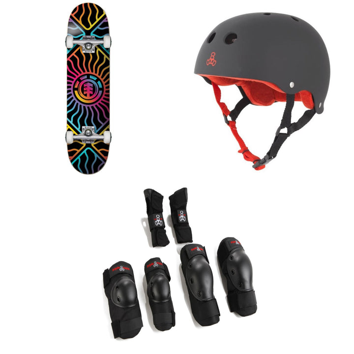 Element Solar Vibes 7.75 Skateboard Complete + Triple 8 Sweatsaver Liner Skateboard Helmet + Saver Series High Impact 3 Pack Skateboard Pad Set