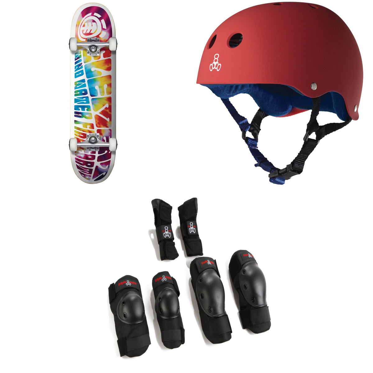 Element Trip Out 7.75 Skateboard Complete + Triple 8 Sweatsaver Liner Skateboard Helmet + Saver Series High Impact 3 Pack Skateboard Pad Set