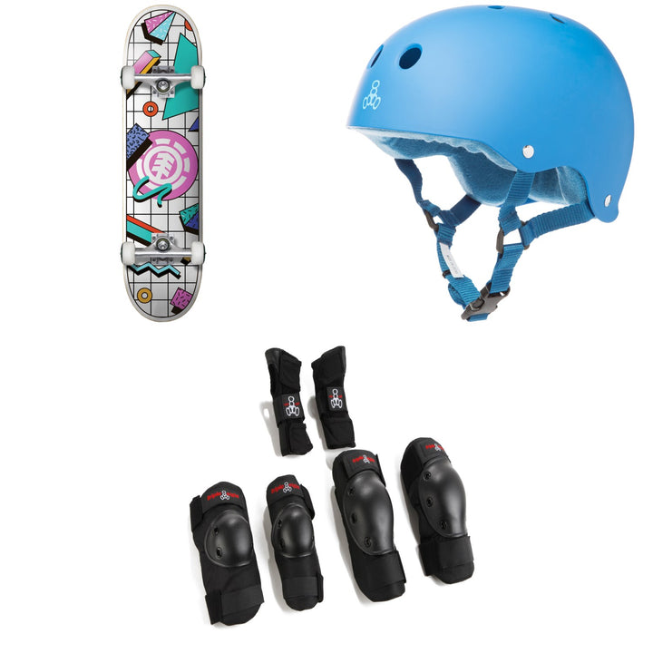 Element Off The Charts 7.75 Skateboard Complete + Triple 8 Sweatsaver Liner Skateboard Helmet + Saver Series High Impact 3 Pack Skateboard Pad Set