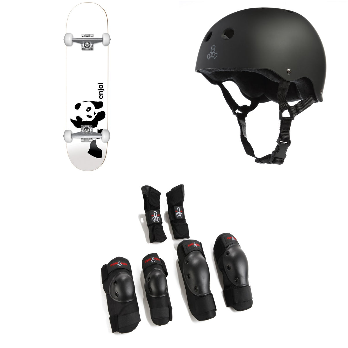 Enjoi Whitey Panda FP 7.75 Skateboard Complete + Triple 8 Sweatsaver Liner Skateboard Helmet + Triple 8 Saver Series High Impact 3 Pack Skateboard Pad Set