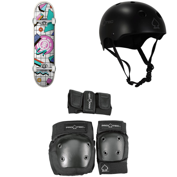 Element Off The Charts 7.75 Skateboard Complete + Pro-Tec Classic Skate Skateboard Helmet + Street Gear Junior Skateboard Pads 3-Pack - Big Kids'