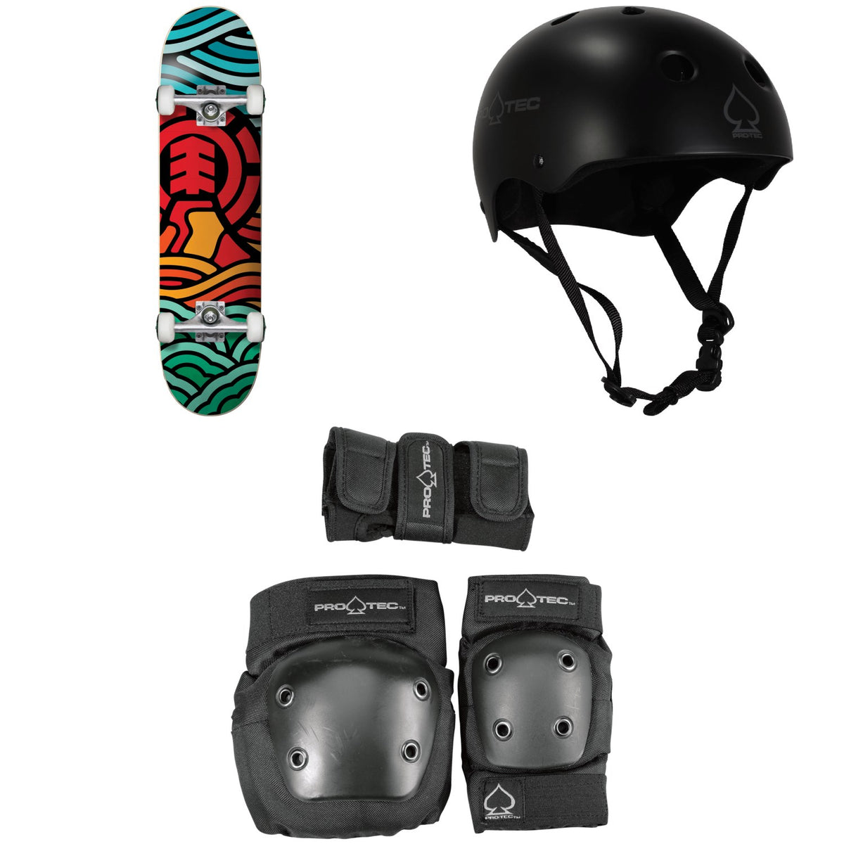 Element Volcanic 7.75 Skateboard Complete + Pro-Tec Classic Skate Skateboard Helmet + Pro-Tec Street Gear Junior Skateboard Pads 3-Pack - Big Kids'