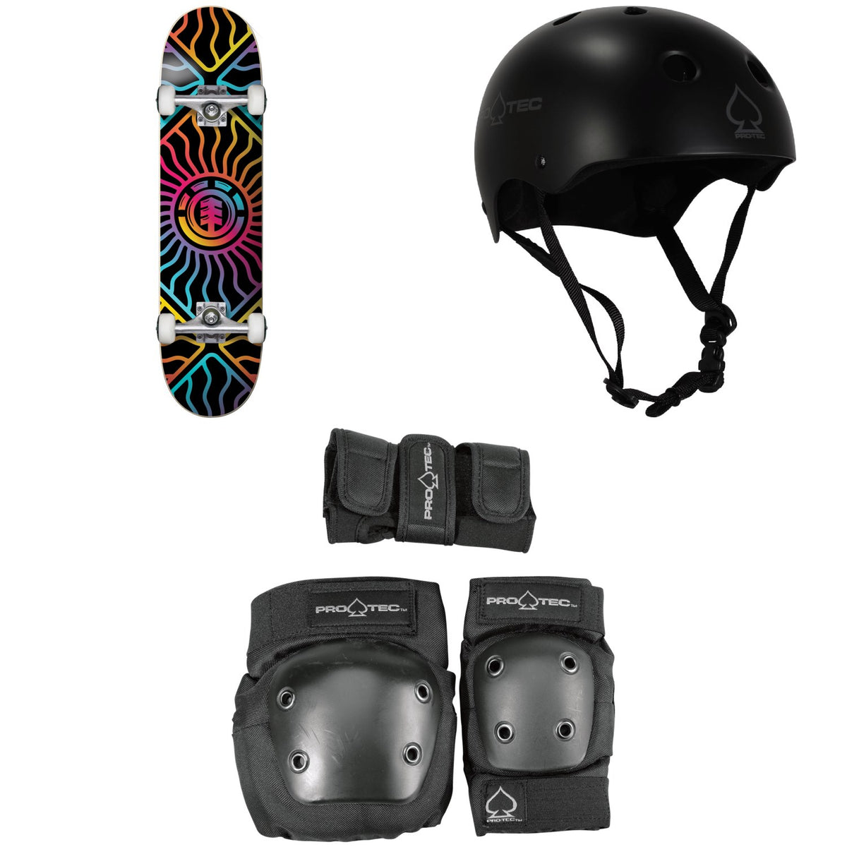 Element Solar Vibes 7.75 Skateboard Complete + Pro-Tec Classic Skate Skateboard Helmet + Street Gear Junior Skateboard Pads