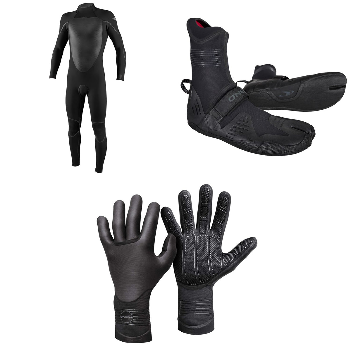 O'Neill 4/3+ Psycho Tech Back Zip Wetsuit + 3/2 Psycho Tech Split Toe Wetsuit Boots + 3mm Psycho Tech Gloves