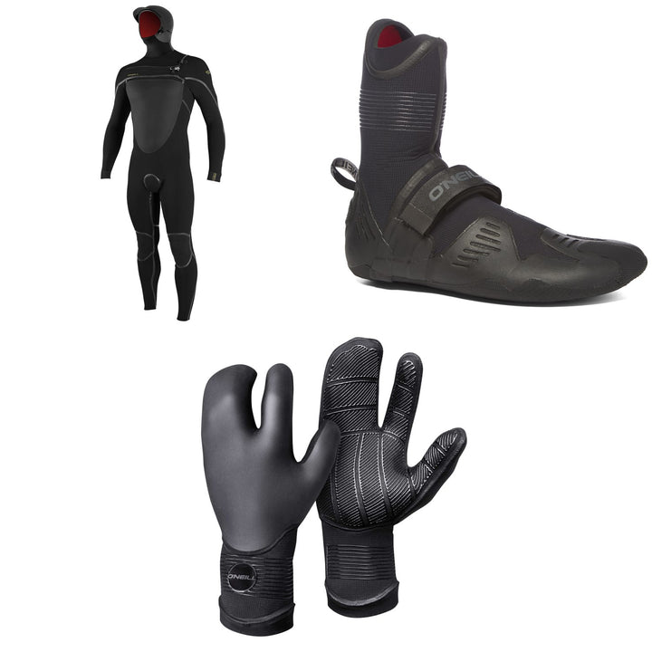 O'Neill 5.5/4+ Psycho Tech Chest Zip Hooded Wetsuit + 5mm Psycho Tech RT Wetsuit Boots + 5mm Psycho Tech Lobster Gloves