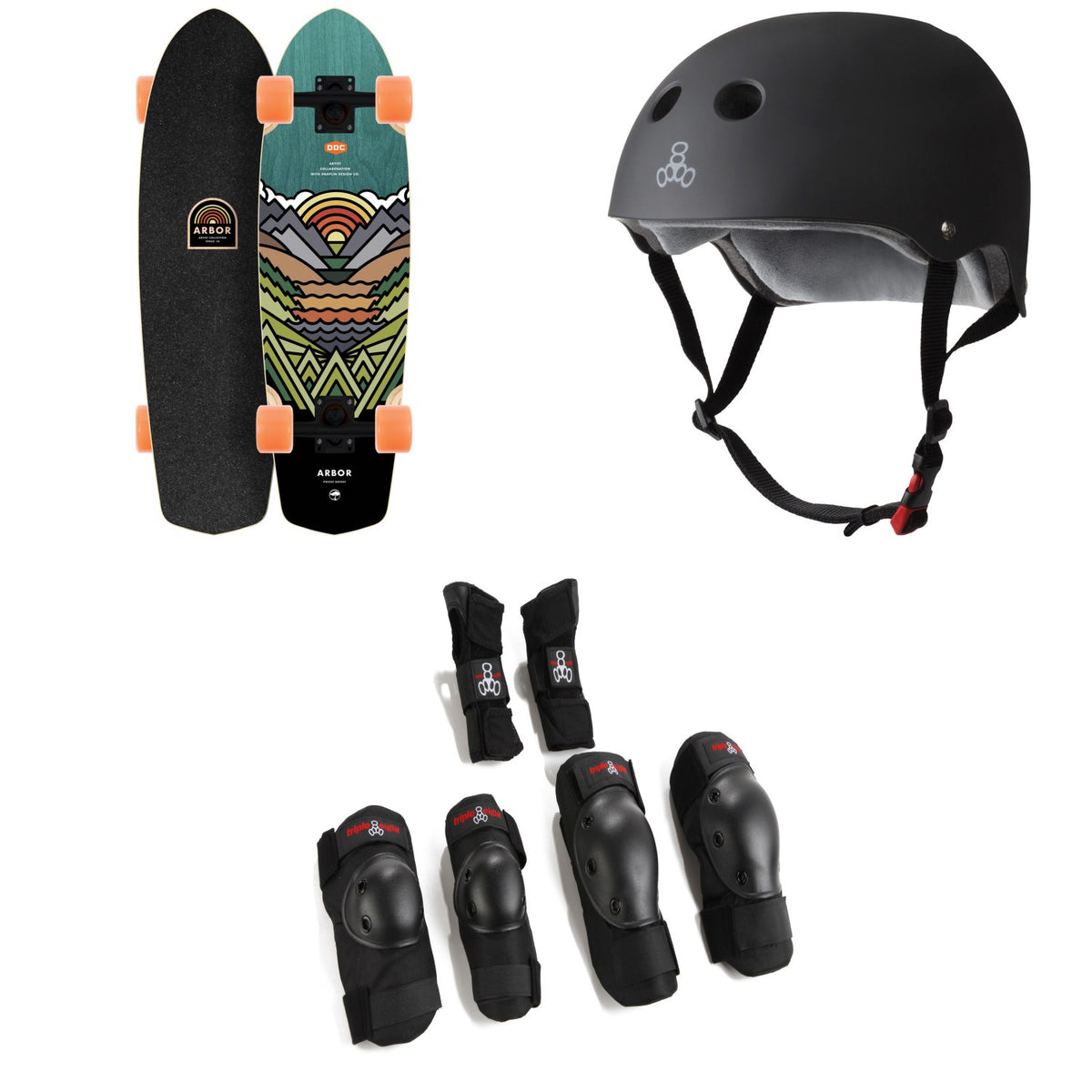 Arbor Pocket Rocket Artist Cruiser Skateboard Complete + Triple 8 The Certified Sweatsaver Skateboard Helmet + Saver Series High Impact 3 Pack Skateboard Pad Set