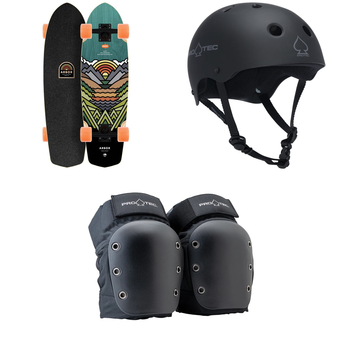 Arbor Pocket Rocket Artist Cruiser Skateboard Complete + Pro-Tec The Classic Certified EPS Skateboard Helmet + Pro-Tec Street Open Back Skateboard Knee Pads