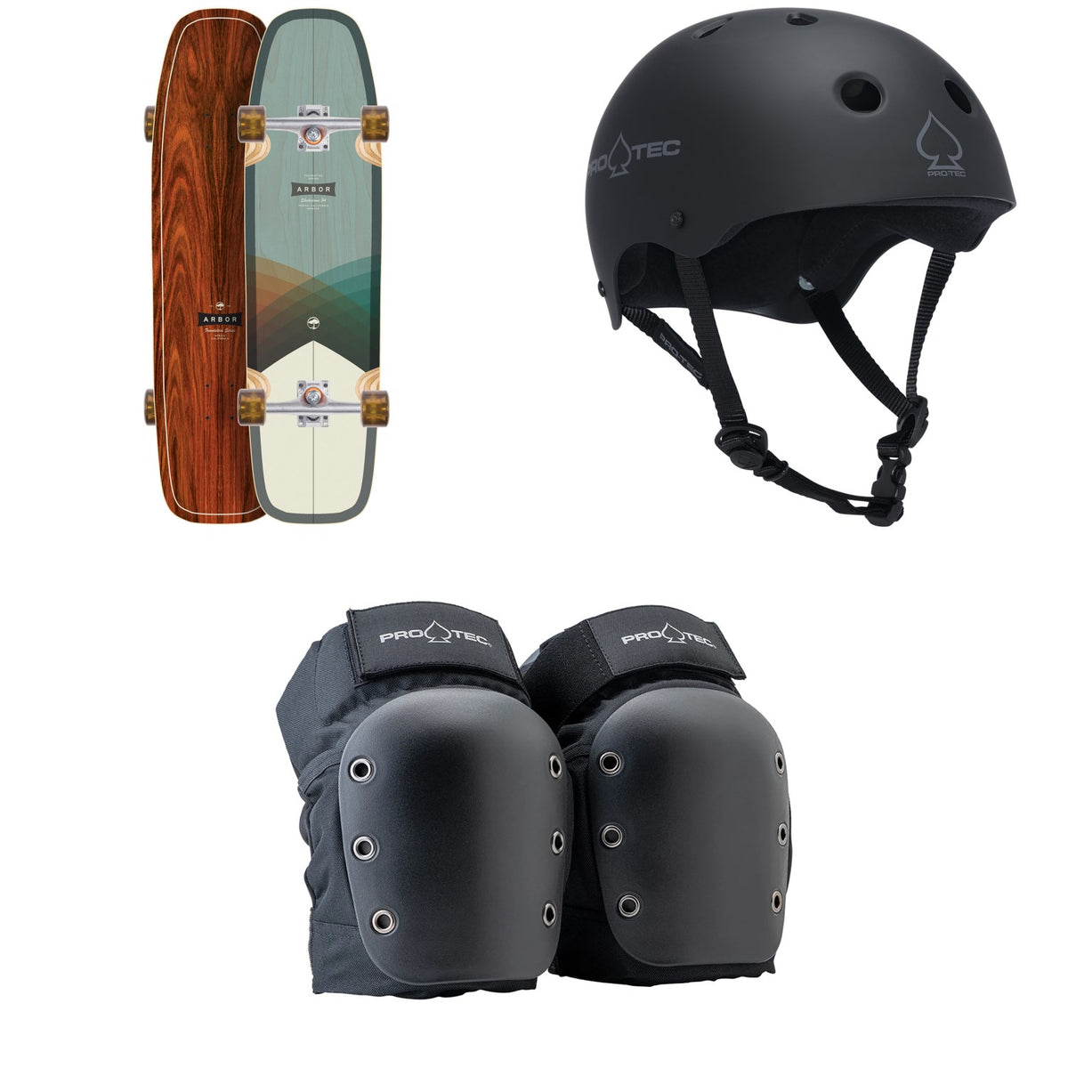 Arbor Shakedown Foundation Longboard Complete + Pro-Tec The Classic Certified EPS Skateboard Helmet + Street Open Back Skateboard Knee Pads