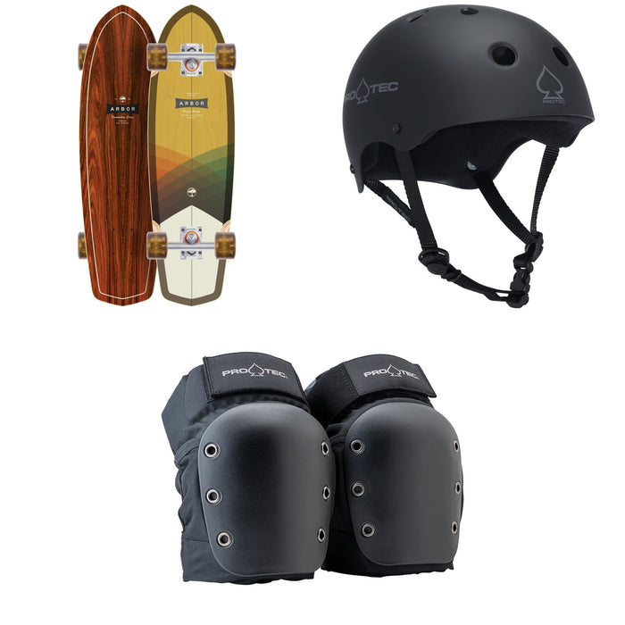 Arbor Pocket Rocket Foundation Cruiser Skateboard Complete + Pro-Tec The Classic Certified EPS Skateboard Helmet + Street Open Back Skateboard Knee Pads