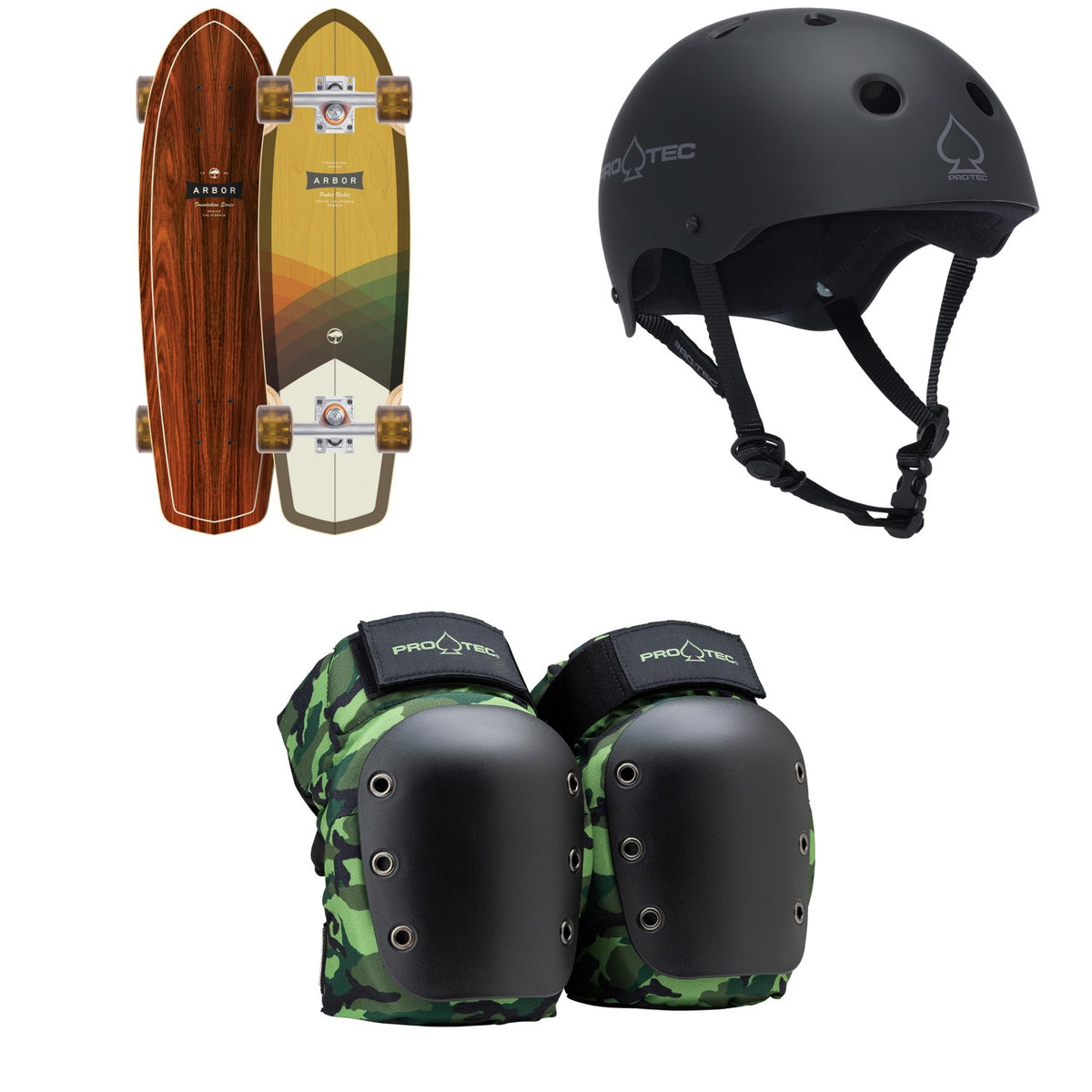 Arbor Pocket Rocket Foundation Cruiser Skateboard Complete + Pro-Tec The Classic Certified EPS Skateboard Helmet + Street Open Back Skateboard Knee Pads