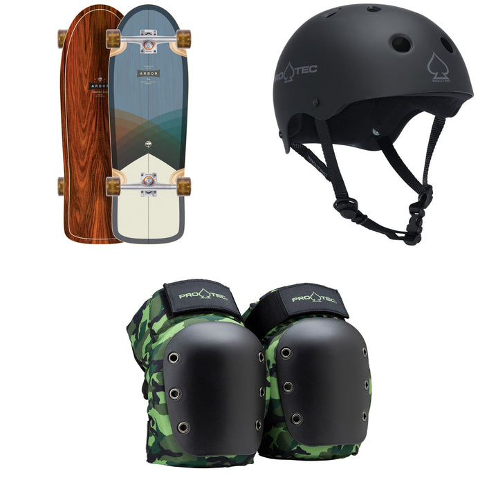 Arbor Oso Foundation Cruiser Skateboard Complete + Pro-Tec The Classic Certified EPS Skateboard Helmet + Street Open Back Skateboard Knee Pads