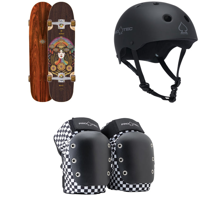 Arbor Cucharon Solstace B4BC Cruiser Complete - Women's + Pro-Tec The Classic Certified EPS Skateboard Helmet + Pro-Tec Street Open Back Skateboard Knee Pads
