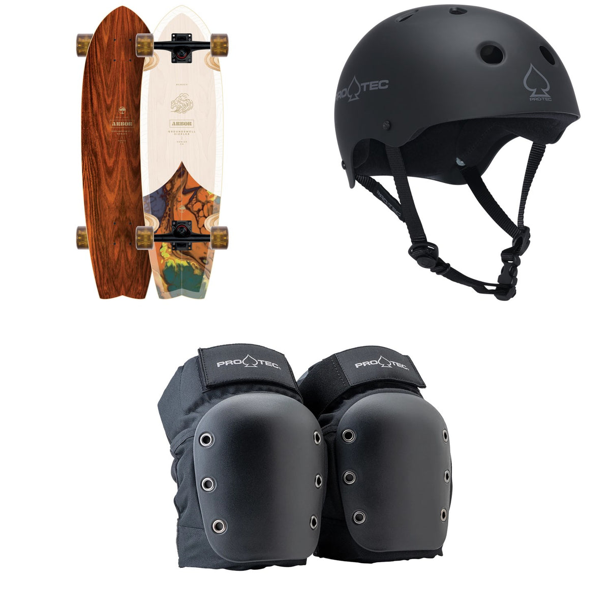Arbor Sizzler Groundswell Cruiser Complete + Pro-Tec The Classic Certified EPS Skateboard Helmet + Street Open Back Skateboard Knee Pads