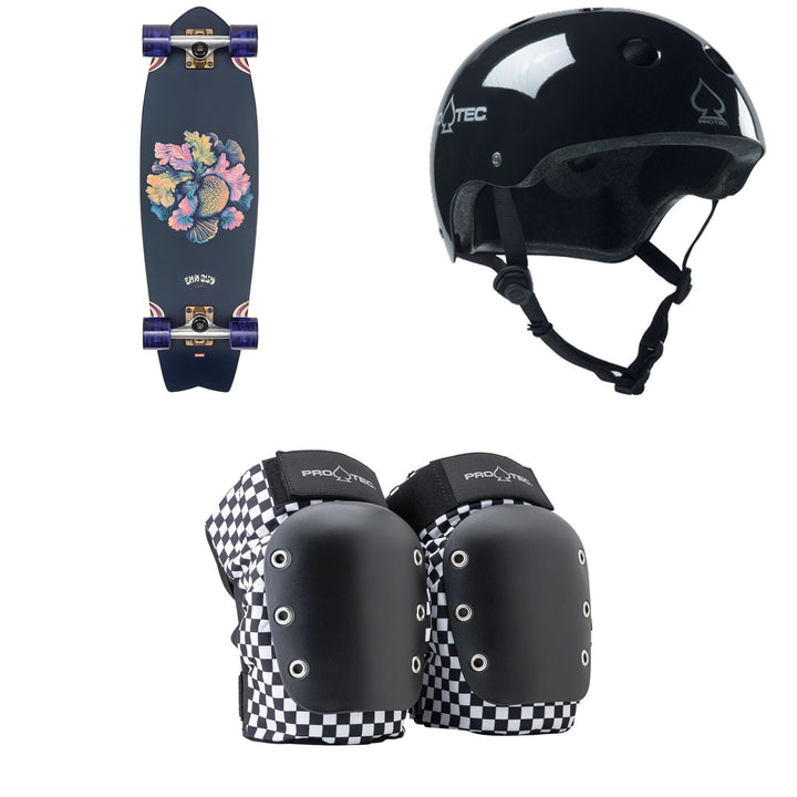 Globe Sun City Cruiser Complete + Pro-Tec The Classic Certified EPS Skateboard Helmet + Street Open Back Skateboard Knee Pads