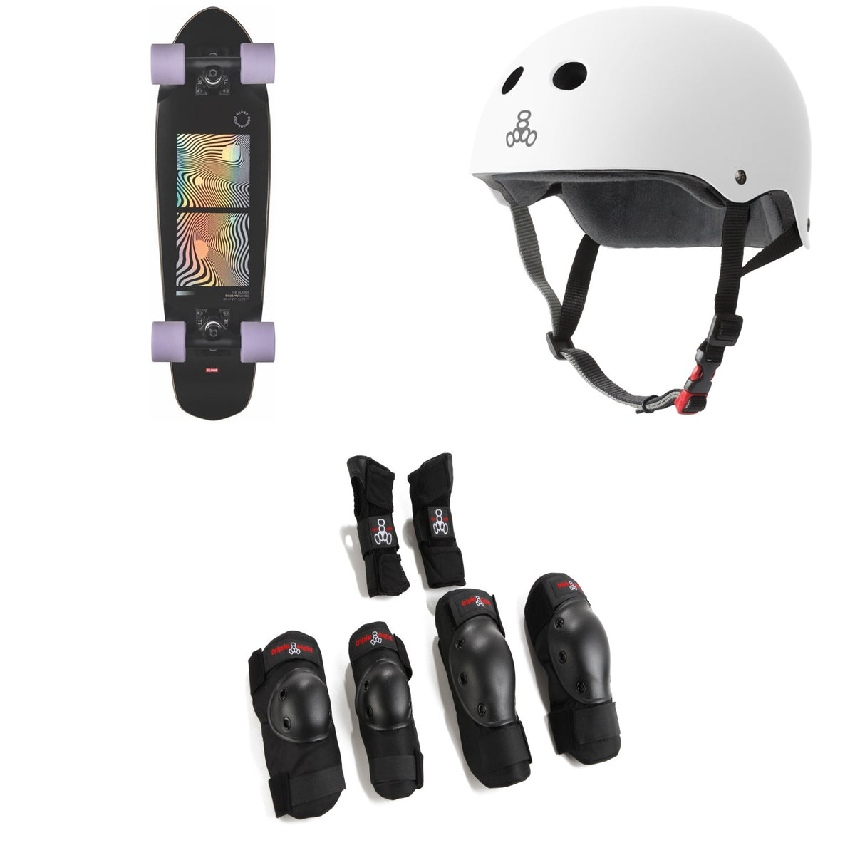 Globe Blazer Cruiser Complete + Triple 8 The Certified Sweatsaver Skateboard Helmet + Saver Series High Impact Skateboard Pad Set
