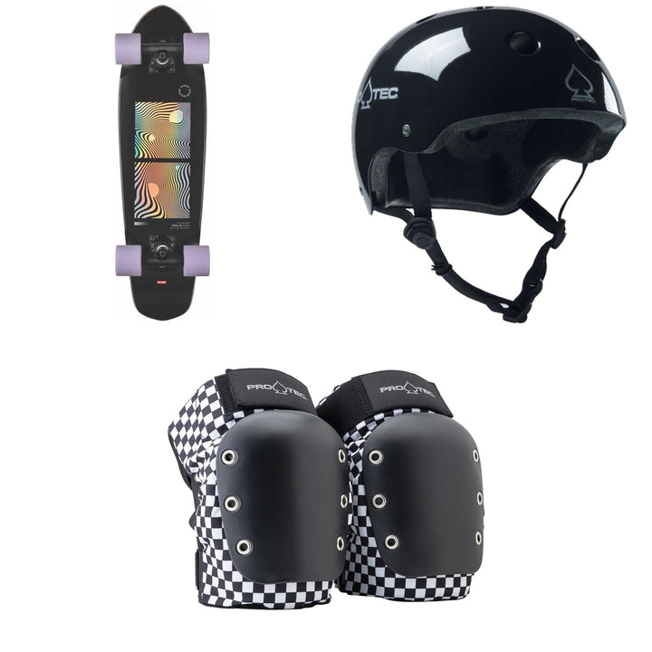 Globe Blazer Cruiser Complete + Pro-Tec The Classic Certified EPS Skateboard Helmet + Street Open Back Skateboard Knee Pads