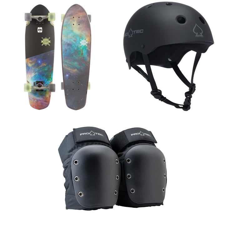 Globe Big Blazer Darkside Cruiser Complete + Pro-Tec The Classic Certified EPS Skateboard Helmet + Street Open Back Skateboard Knee Pads