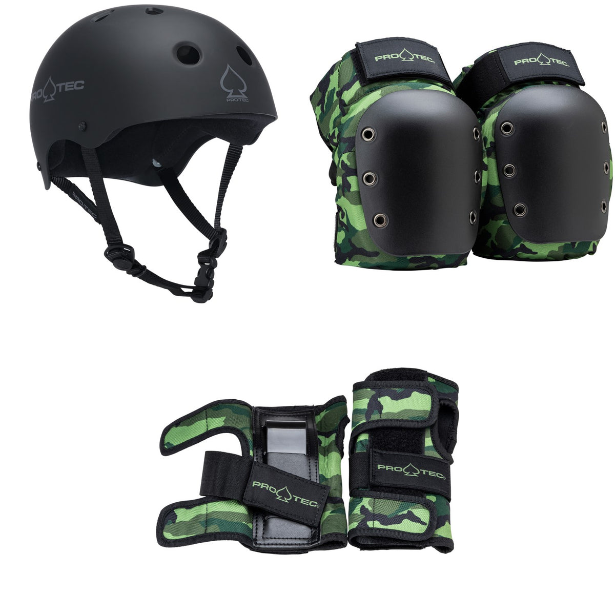 Pro-Tec The Classic Certified EPS Skateboard Helmet + Street Open Back Skateboard Knee Pads + Street Skateboard Wrist Pads