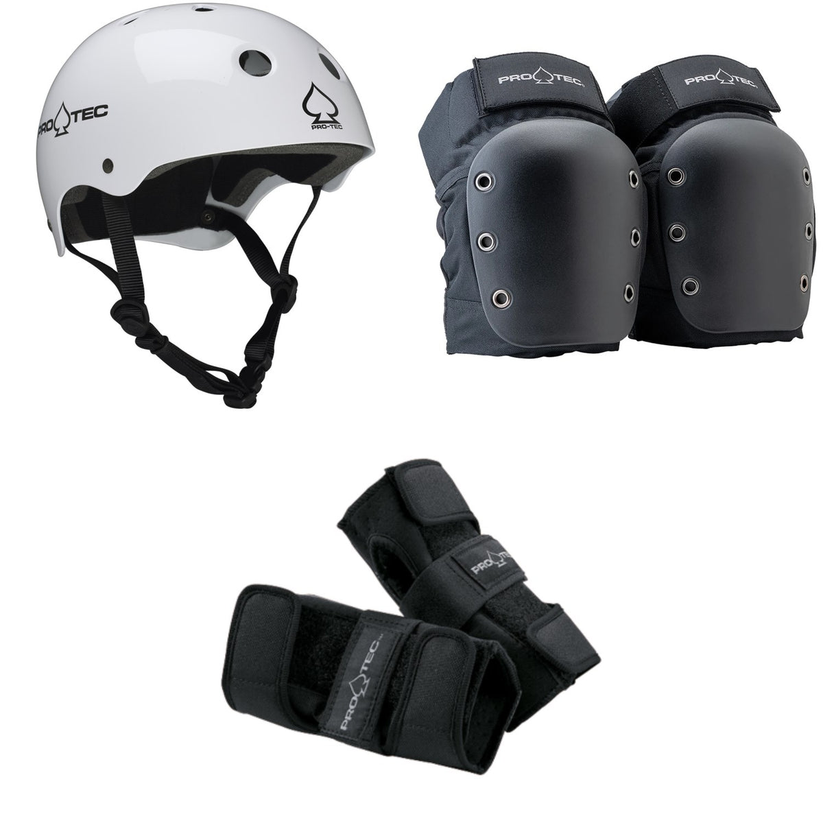Pro-Tec Classic Skate Skateboard Helmet + Street Open Back Skateboard Knee Pads + Street Skateboard Wrist Pads