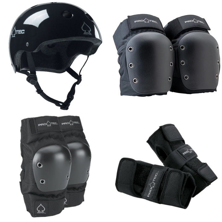 Pro-Tec The Classic Certified EPS Skateboard Helmet + Street Open Back Skateboard Knee Pads + Street Skateboard Elbow Pads + Street Skateboard Wrist Pads