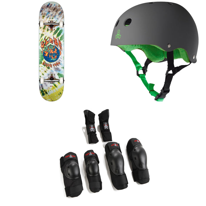 Globe G1 Ablaze 7.75 Skateboard Complete + Triple 8 Sweatsaver Liner Skateboard Helmet + Saver Series High Impact Jr Skateboard Pad Set