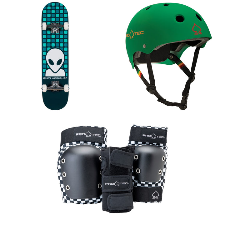 Alien Workshop Matrix Blue Complete 7.75 Skateboard Complete + Pro-Tec Classic Skate Skateboard Helmet + Street Gear Junior Open Back Skateboard Pads