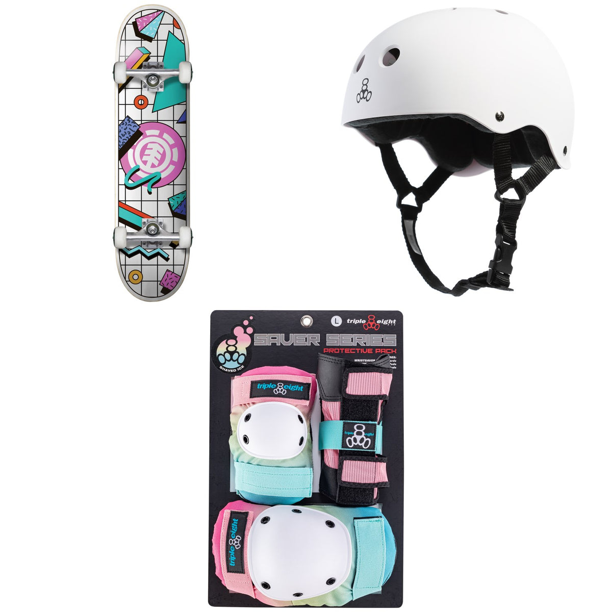 Element Off The Charts 7.75 Skateboard Complete + Triple 8 Sweatsaver Liner Skateboard Helmet + Saver Series Color Collection Junior Skateboard Pad Set