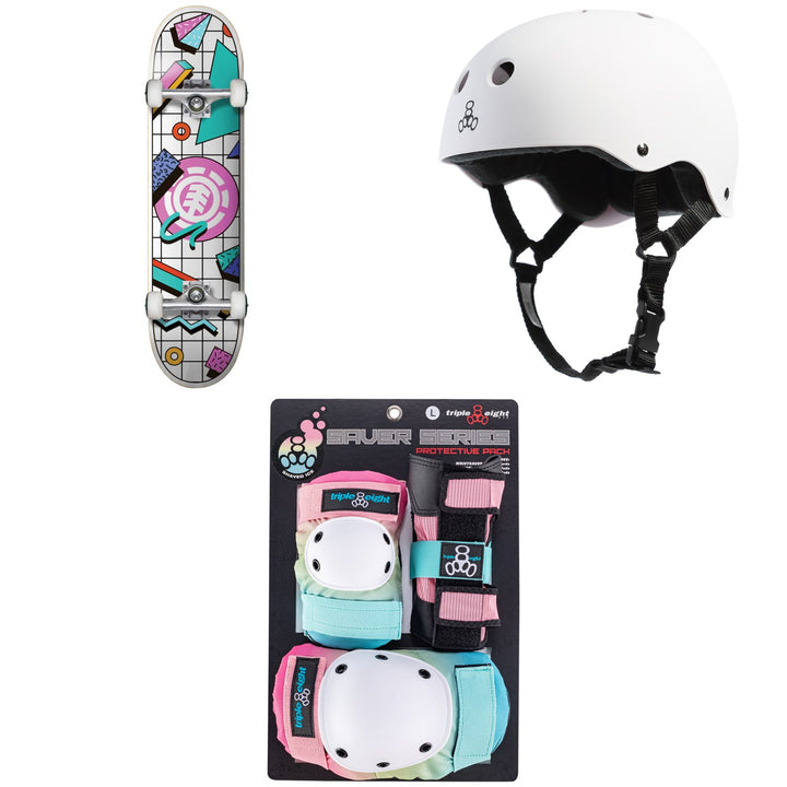 Element Off The Charts 7.75 Skateboard Complete + Triple 8 Sweatsaver Liner Skateboard Helmet + Saver Series Color Collection Junior Skateboard Pad Set