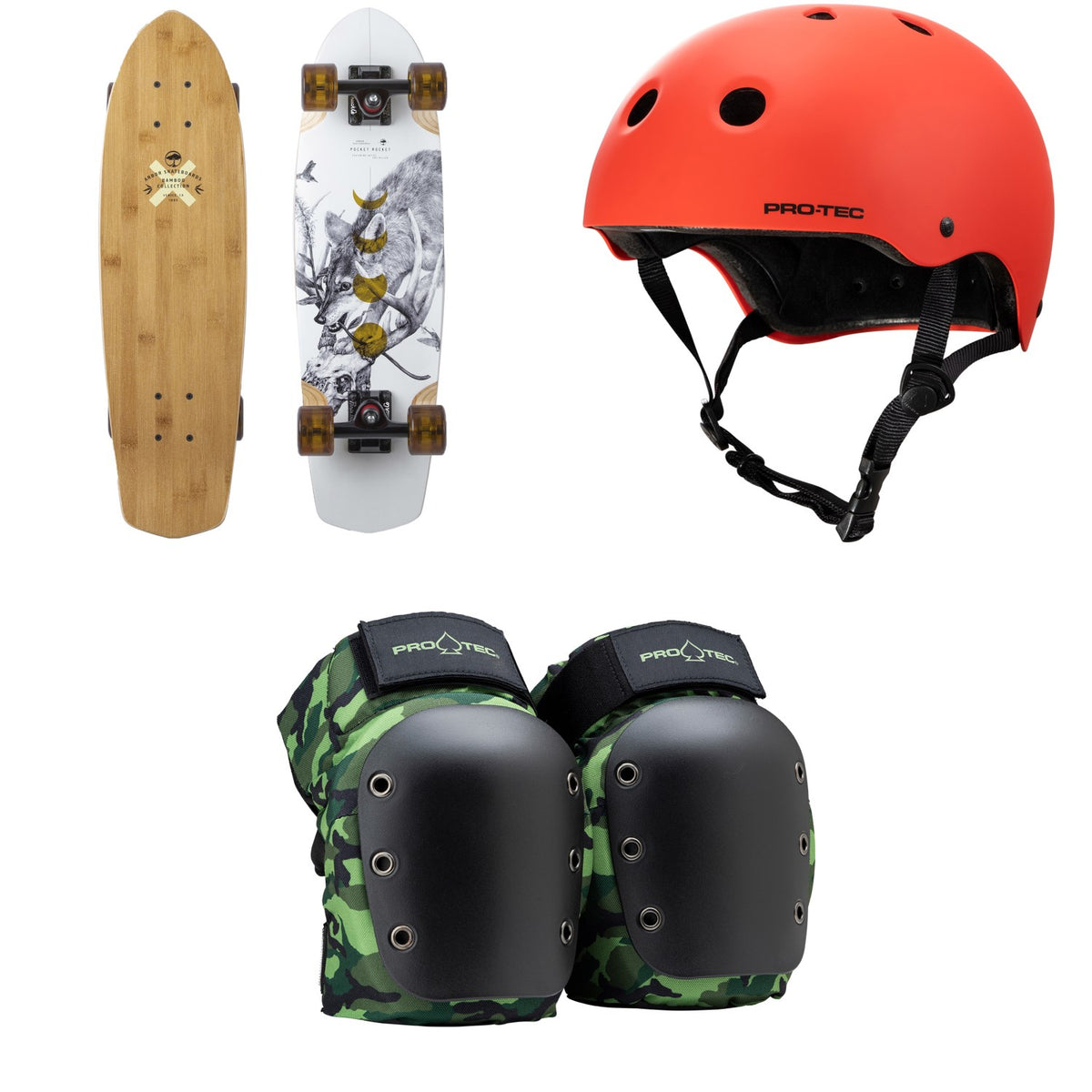Arbor Pocket Rocket Bamboo Cruiser Skateboard Complete + Pro-Tec The Classic Certified EPS Skateboard Helmet + Street Open Back Skateboard Knee Pads