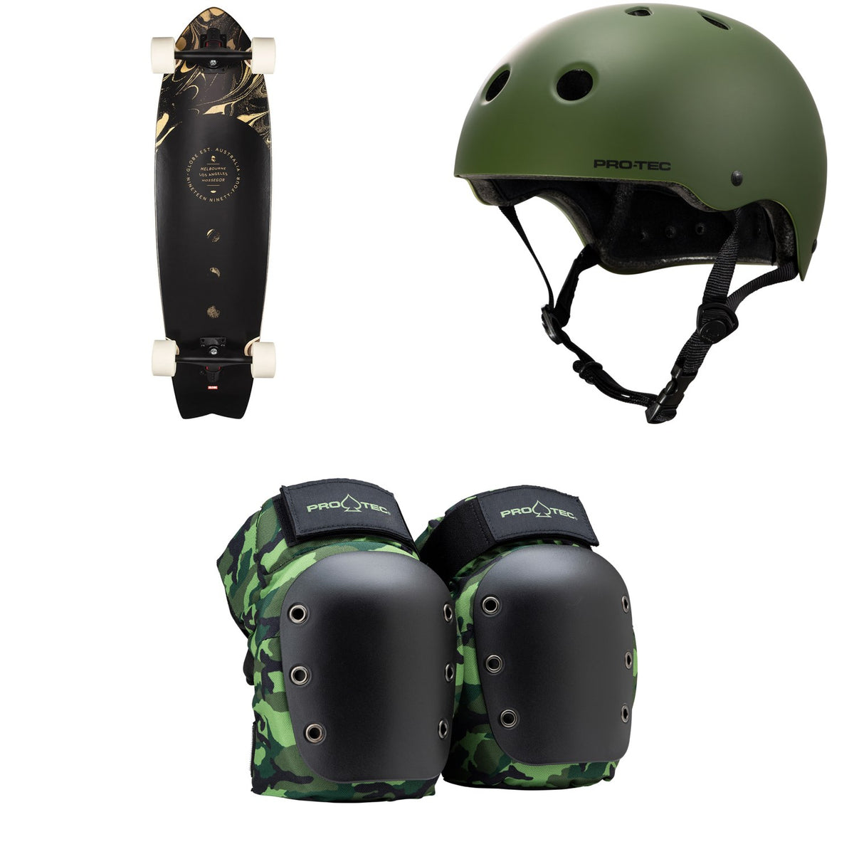 Globe Chromantic Onshore Longboard Complete + Pro-Tec The Classic Certified EPS Skateboard Helmet + Street Open Back Skateboard Knee Pads