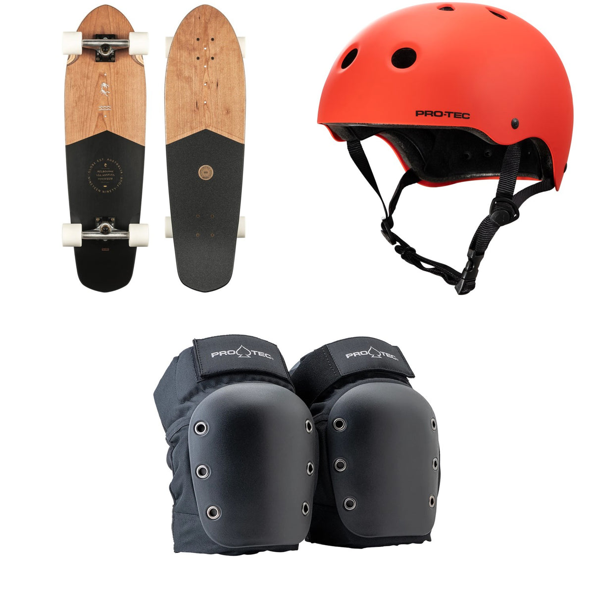 Globe Big Blazer Black Cherry Cruiser Complete + Pro-Tec The Classic Certified EPS Skateboard Helmet + Street Open Back Skateboard Knee Pads