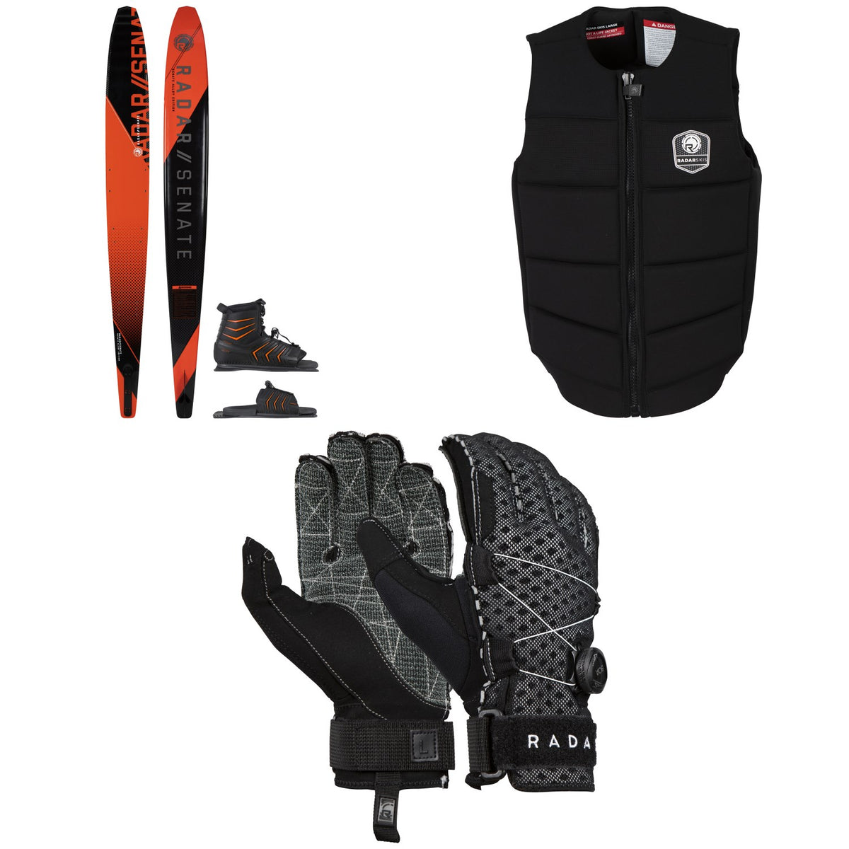 Radar Alloy Senate Slalom Ski w/ Vector & ARTP Bindings + Tidal Impact Waterski Vest + Vapor-K Boa Inside-Out Golves 2021