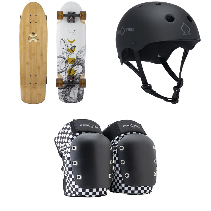 Arbor Pilsner Bamboo Cruiser Skateboard Complete + Pro-Tec The Classic Certified EPS Skateboard Helmet + Street Open Back Skateboard Knee Pads