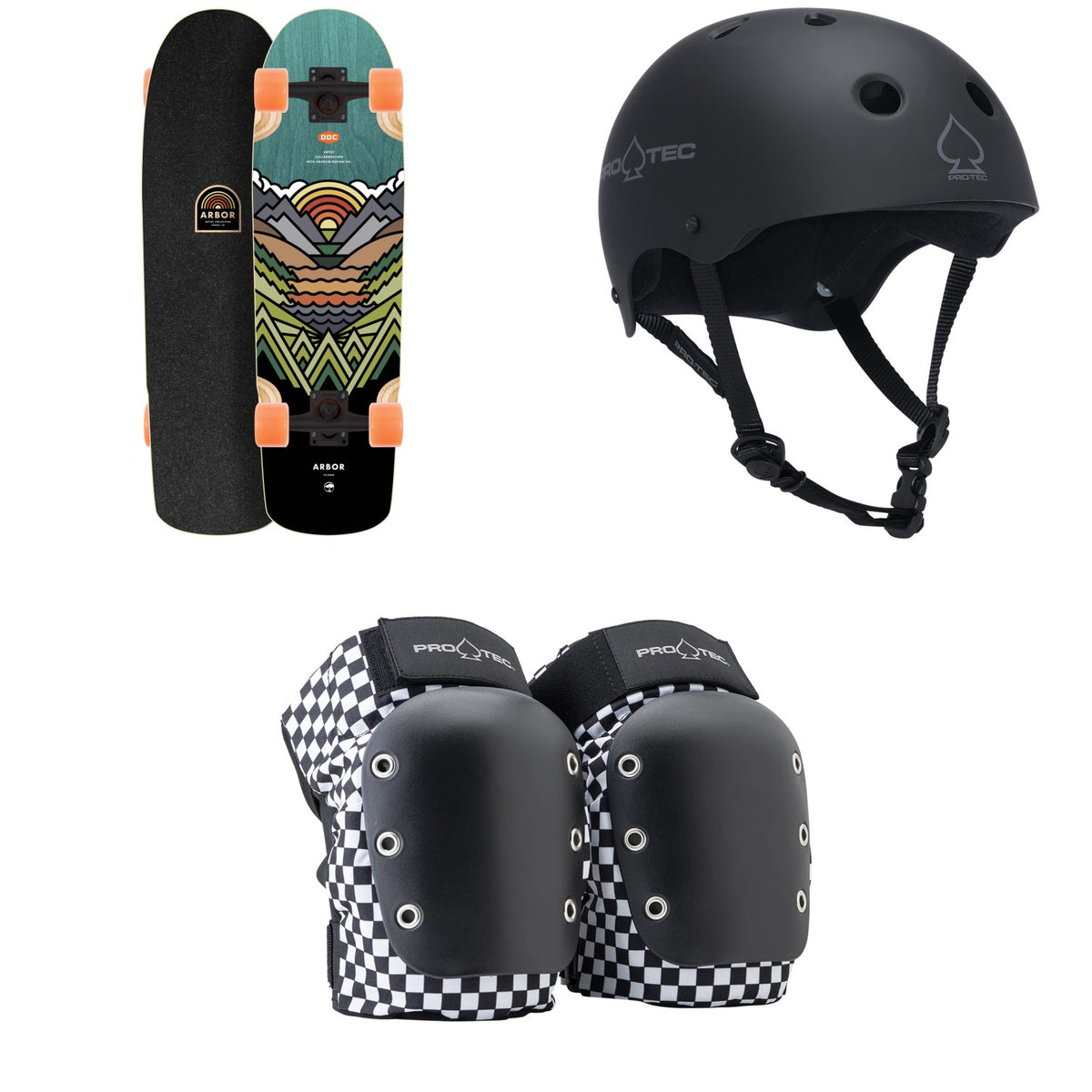 Arbor Pilsner Artist Draplin Cruiser Complete + Pro-Tec The Classic Certified EPS Skateboard Helmet + Street Open Back Skateboard Knee Pads