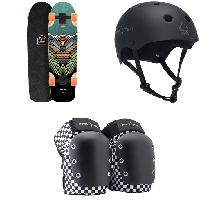 Arbor Pilsner Artist Draplin Cruiser Complete + Pro-Tec The Classic Certified EPS Skateboard Helmet + Street Open Back Skateboard Knee Pads