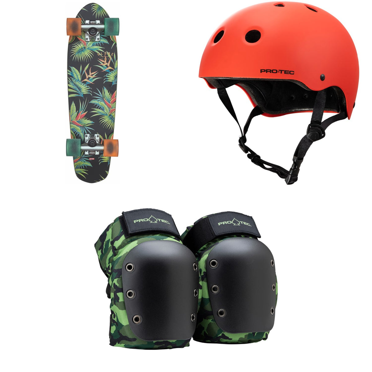 Globe Blazer Hellaconia Cruiser Complete + Pro-Tec The Classic Certified EPS Skateboard Helmet + Street Open Back Skateboard Knee Pads
