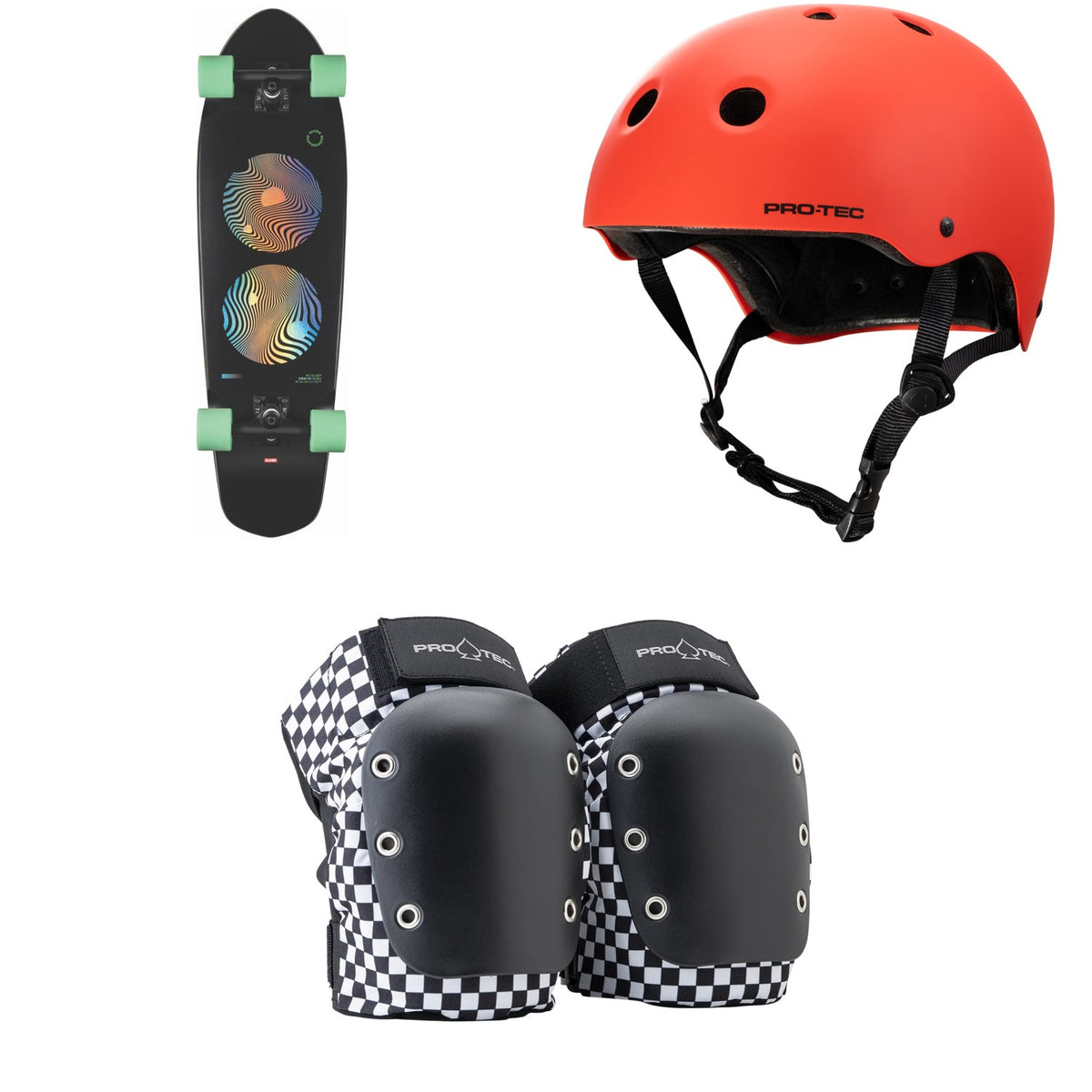 Globe Big Blazer Black Green Cruiser Complete + Pro-Tec The Classic Certified EPS Skateboard Helmet + Street Open Back Skateboard Knee Pads