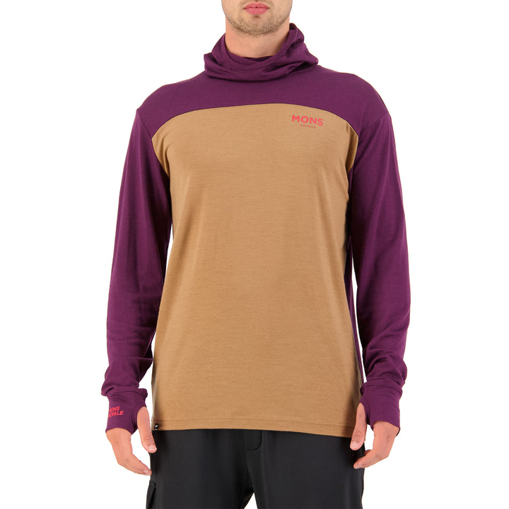MONS ROYALE Yotei Power Hood Long Sleeve Top - Men's Toffee / Wine