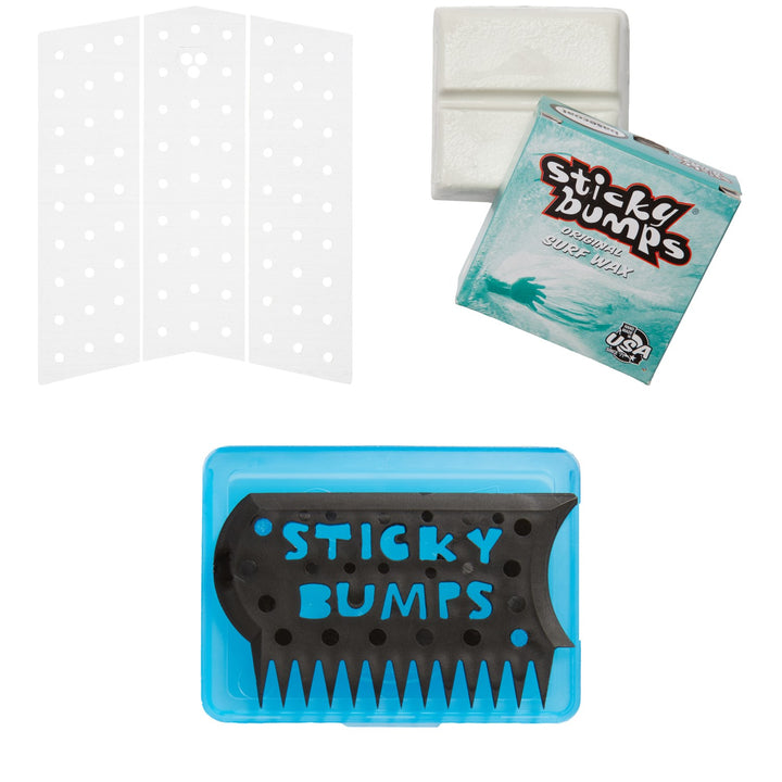 Gorilla Grip Skinny Mid Deck Three Traction Pad + Sticky Bumps Basecoat Wax + Wax Comb & Box