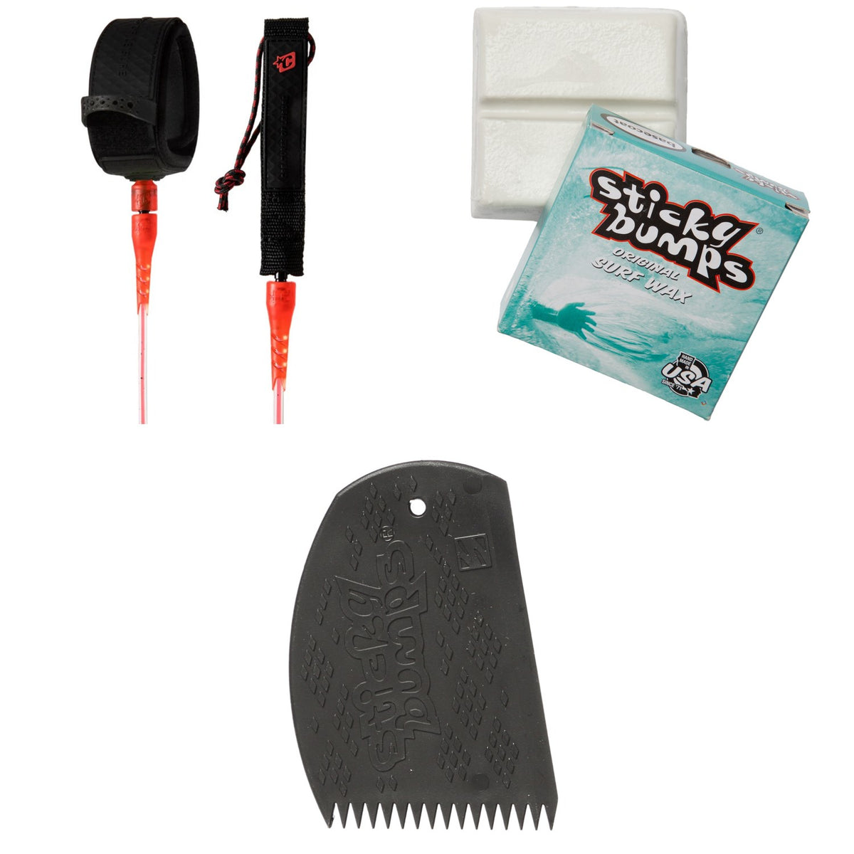 Creatures of Leisure Pro 6' Surf Leash + Sticky Bumps Basecoat Wax + Easy Grip Wax Comb
