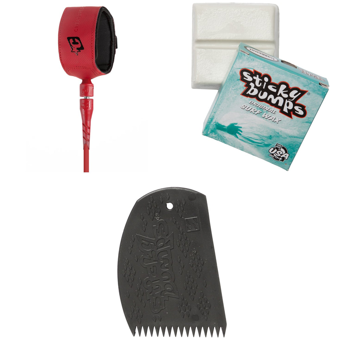 Creatures of Leisure Superlite Lite 6' Surf Leash + Sticky Bumps Basecoat Wax + Easy Grip Wax Comb