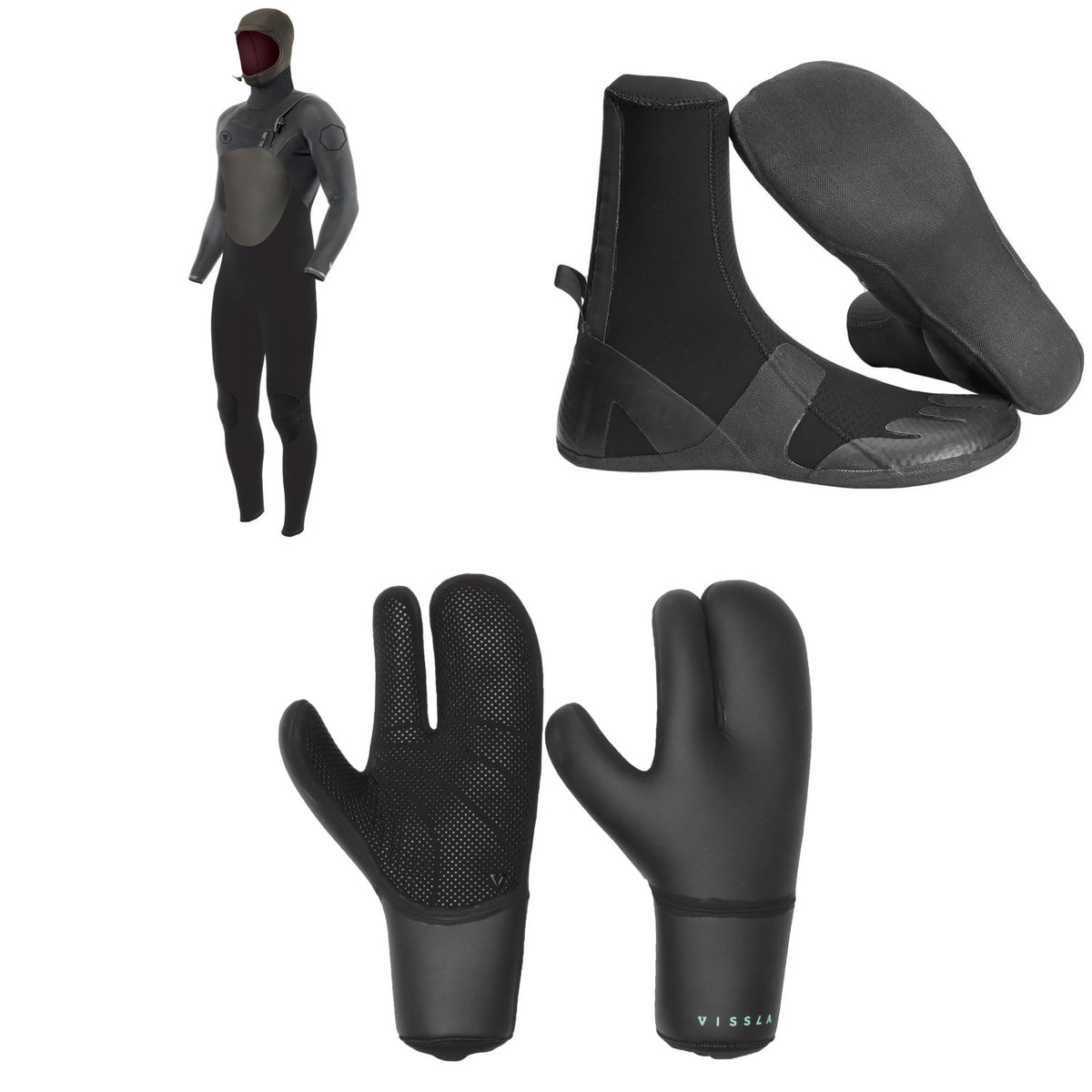 Vissla 5/4 High Seas II Chest Zip Hooded Wetsuit + 5mm High Seas Round Toe Wetsuit Boots + 5mm 7 Seas Claw Wetsuit Gloves