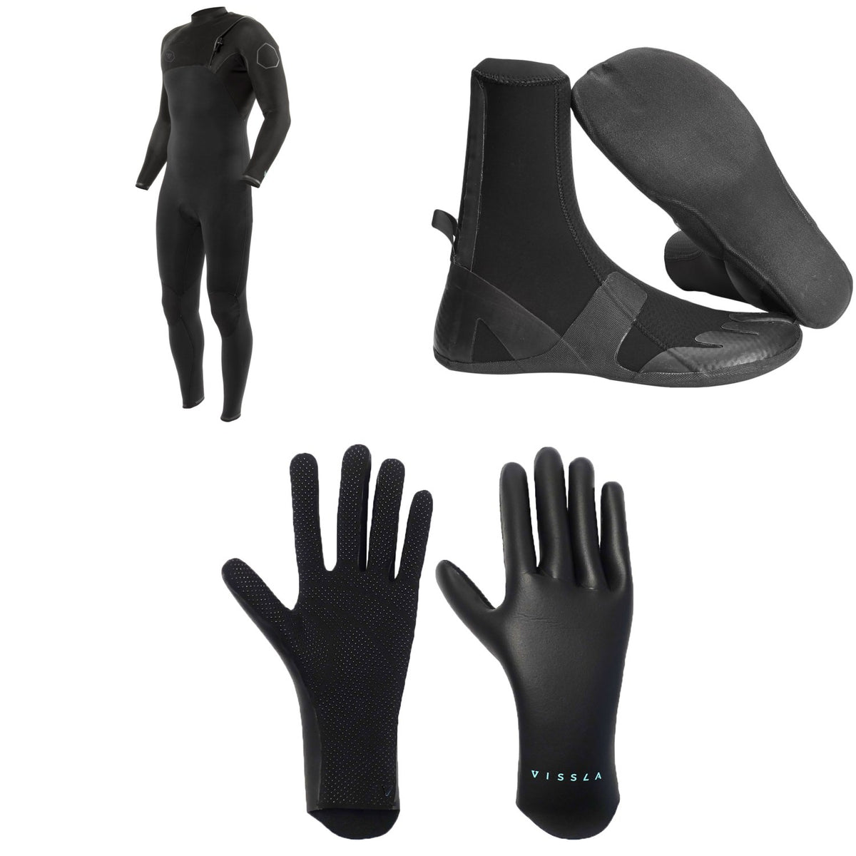 Vissla 4/3 High Seas II No Zip Wetsuit + 3mm High Seas Split Toe Wetsuit Boots + 1.5mm High Seas Wetsuit Gloves